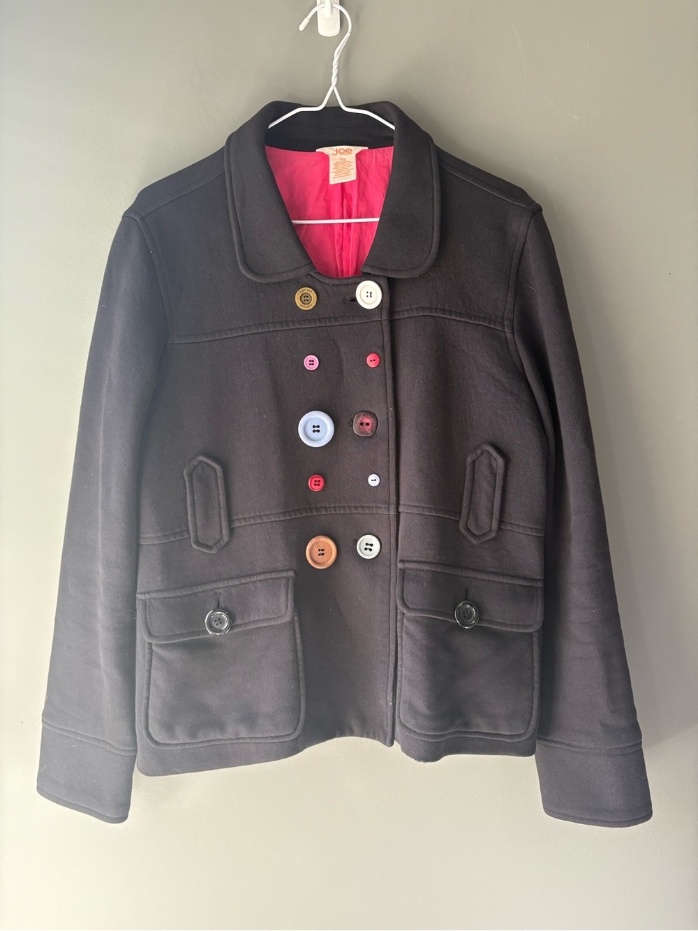 Joe Fresh Black Button Art Jacket Pink Lining Size L Unique Statement Coat - Picture 5 of 12